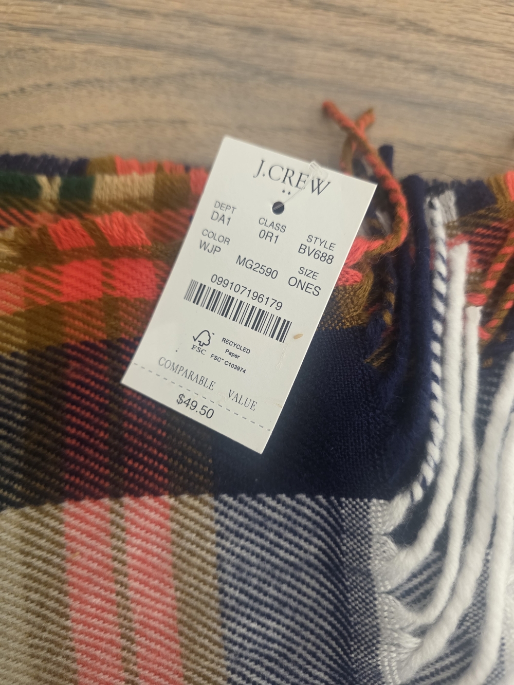 J. Crew Multicolor Plaid Fringe Scarf in Orange, Navy, Green, Cream Nwt - Picture 2 of 2